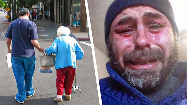 Homeless Man Helps Woman Cross Street, Bursts Into Tears When She Does This