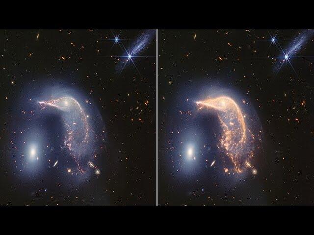 Transition video of interacting galaxies Arp 142 (NIRCam image + MIRI and NIRCam image))