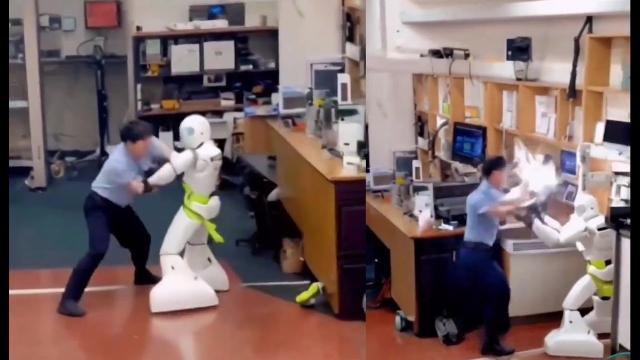 Leaked video from japan shows a robot fighting a scientist in a laboratory